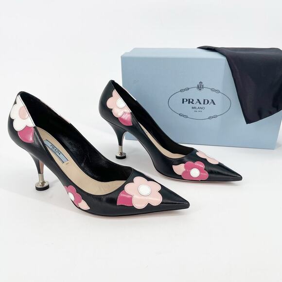 Prada Black Orchidea Nappa Leather Flower Fiori 85mm Pointed Toe Pump IT 38.5 - Picture 1 of 14